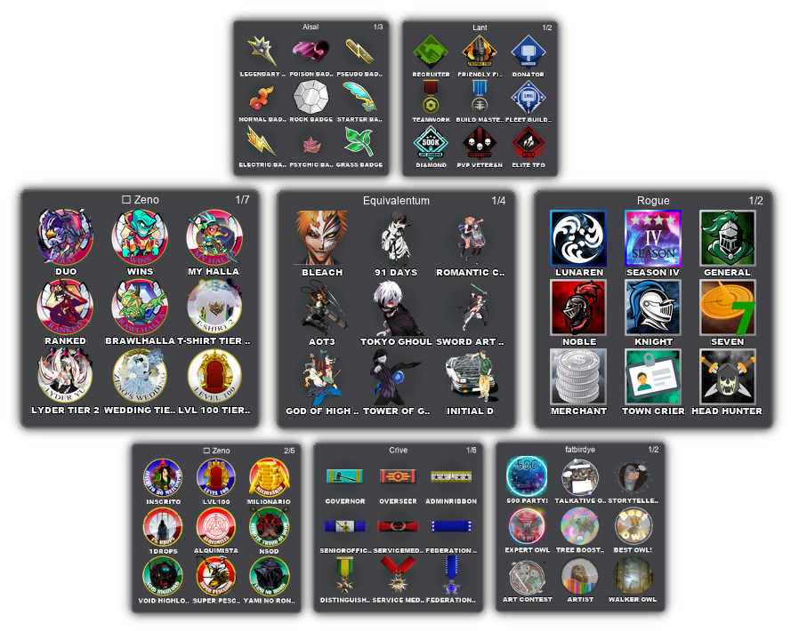 The /badges command output showing a member's collected badges in a grid view